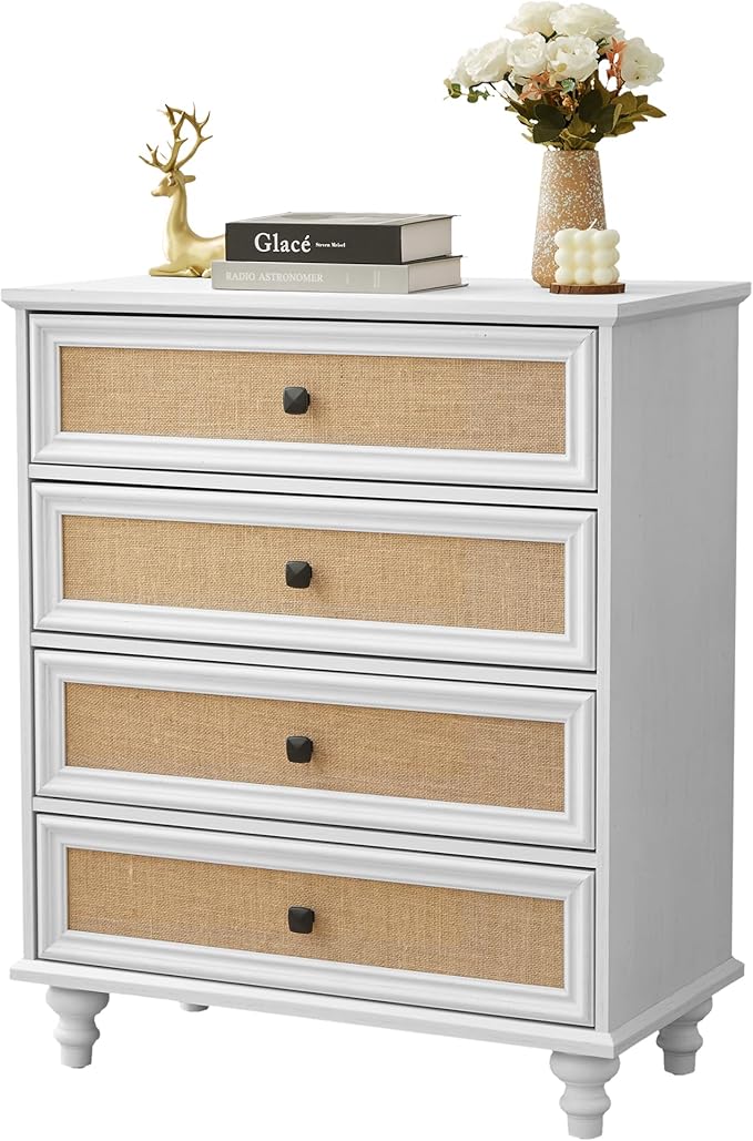 4 Drawer Dresser for Bedroom, Mid Century Modern Wide Wood Rustic Chest of Drawers Wooden Storage Organizer Dressers with Burlap Rattan Drawers for Living Room, Hallway Closet, Entryway, Beige White