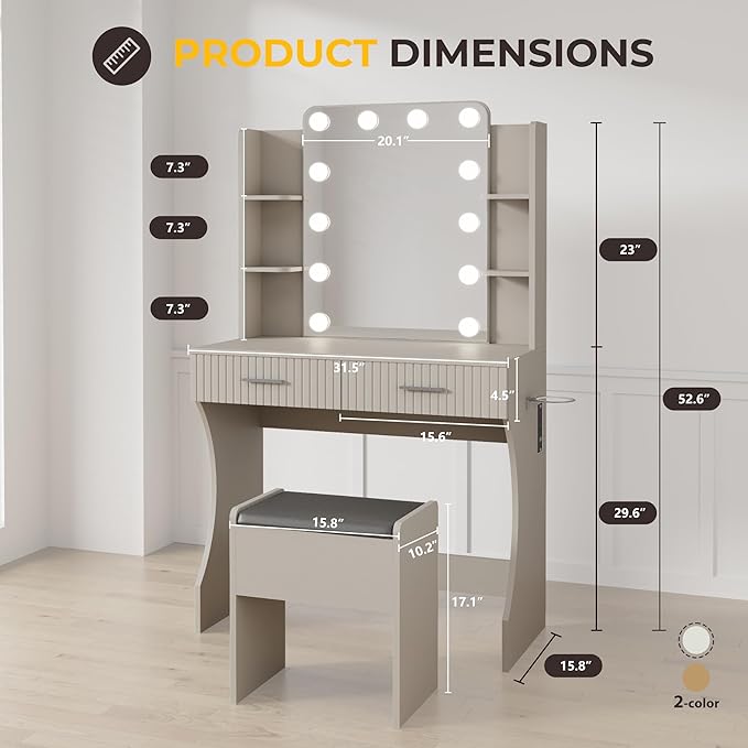 Vanity Desk with LED Lighted Mirror, Makeup Vanity with 3 Adjustable Lights, 2 Large Drawers and 4 Open Shelves, Gray Vanity with Storage Stool for Bedroom