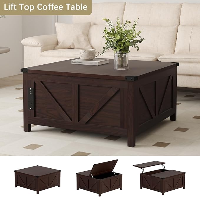 35'' Farmhouse Lift Top Coffee Table, Coffee Table with Storage and Large Hidden Storage, Square Coffee Tables with Charging Station&USB Ports, Lift Coffee Tables for Living Room, Brown