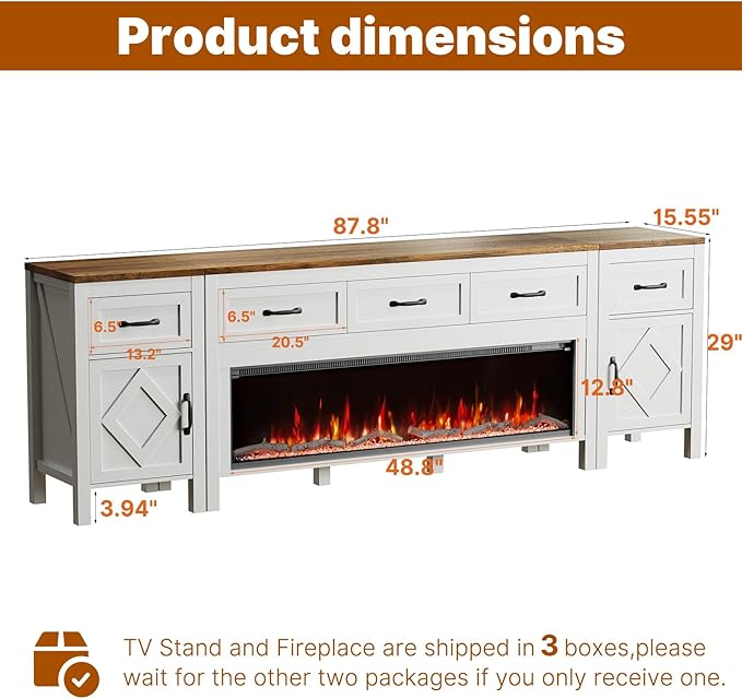 Modern TV Stand with Fireplace for TVs Up to 95 Inch,Entertainment Center with 50" Electric Fireplace,88" TV Console with Storage Cabinet Drawers for Living Room(Off White)