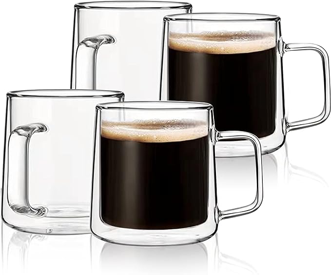 CNGLASS 10oz Glass Coffee Mugs,Double Wall Insulated Glass Mugs with Handle,Clear Espresso Mug for Latte,Cappuccino,Tea Bag,Set of 4