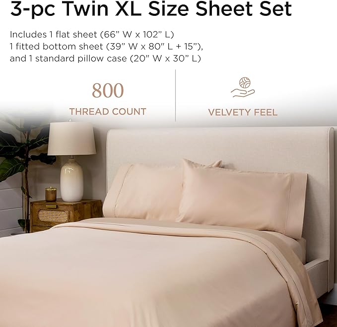 Threadmill Luxury 800 Thread Count 100% Cotton Sheets - Sateen Weave Twin XL Bed-Sheets, Better Than Egyptian Cotton,3 Pc Solid Soft Bedding Set (Light Beige), Fits 15" Deep Pocket