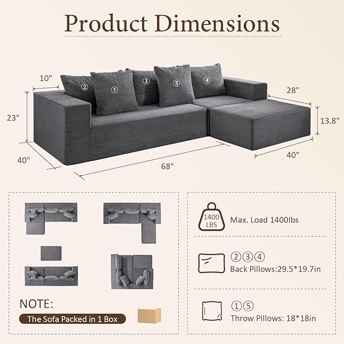 INGEROOM 108" Cloud Sectional Couch with L-Shape Chaise, Modular Sofa Memory Foam, Boneless Sofa with Movable Ottoman, Upholstered Couches for Living Room Bedroom, No Assembly Required, Dark Gray