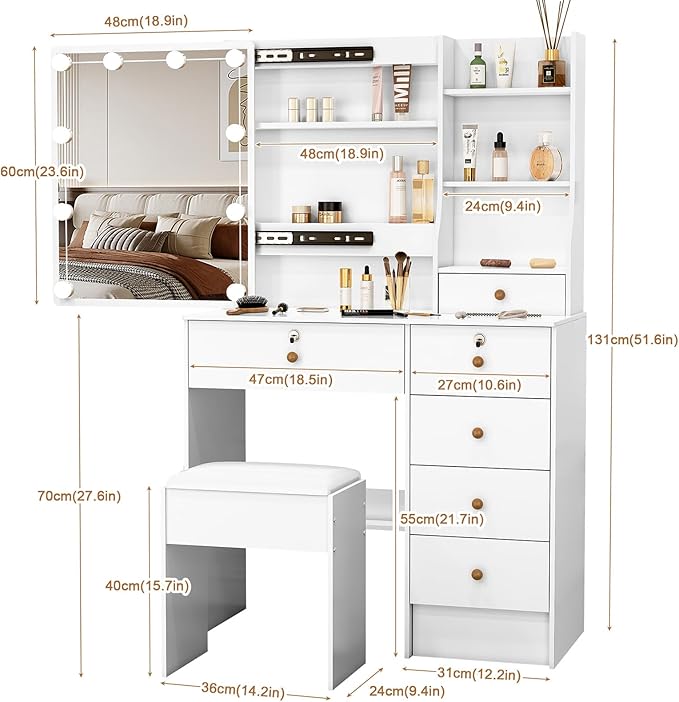 Vanity Desk with Makeup Mirror and Light, Makeup Dressing Table with 5 Drawers and Cushioned Stool for Bedroom, White Dressing Desk for Bedroom