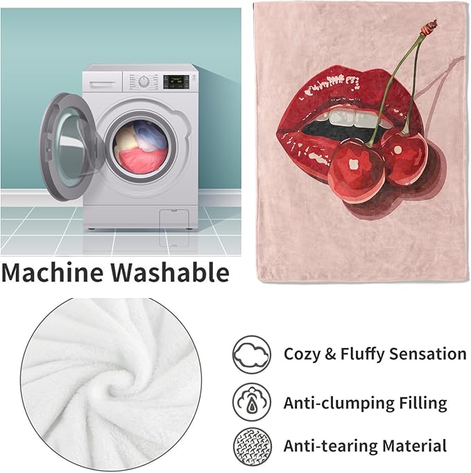 Cherry Lips Flannel Blanket, Pop Art Cherry Gifts, Cherry Blanket for Women, Soft Lightweight Throw Blankets for Bed Home Travel Decor 40" x 50"