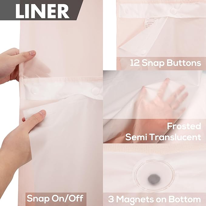 No Hook Slub Textured Shower Curtain with Snap-in PEVA Liner Set - 71" x 74"(72"), Hotel Style with See Through Top Window, Fabric Outer Curtain & Waterproof Inner Liner, Pink, 71x74