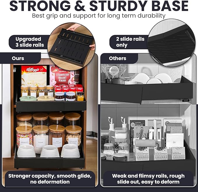 Pull Out Cabinet Organizer – Adjustable Sliding Shelf Inserts for Cabinets - Expandable Shelf Organizer from 12.6" to 20.5" – No Drill or Screw Install (Black, 1 Pack)