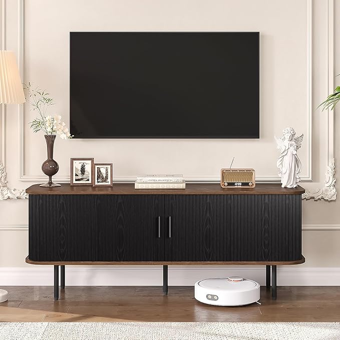 55" Modern Fluted TV Stand for TVs up to 65 Inch, Gaming Entertainment Center with Tambour Slatted Sliding Doors and Storage Cabinet, Media TV Consoles Table for Living Room, Office, Black