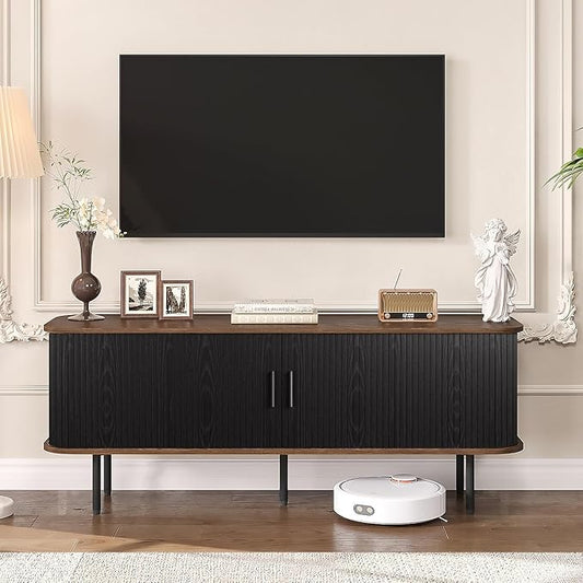 55" Modern Fluted TV Stand for TVs up to 65 Inch, Gaming Entertainment Center with Tambour Slatted Sliding Doors and Storage Cabinet, Media TV Consoles Table for Living Room, Office, Black