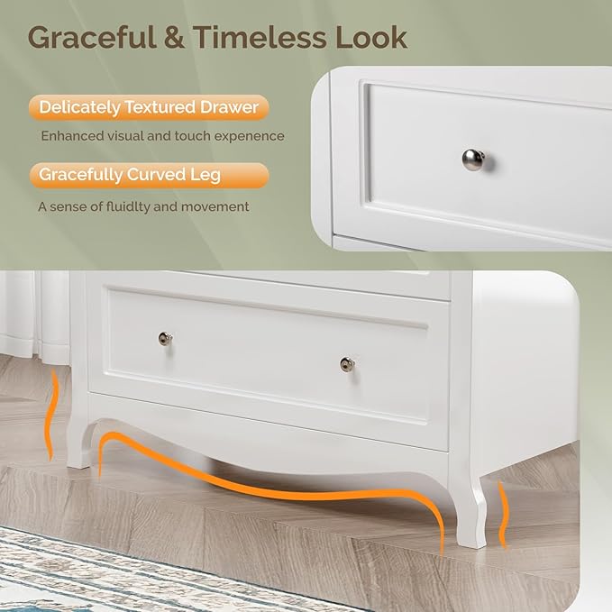 VINGLI White Dresser 3 Drawer Chest of Drawers for Bedroom, Painted Wood Dresser with Large Drawers and Curved Legs, 31.5" W Large Nightstand, 31.5" W*15.75" D*31.5" H