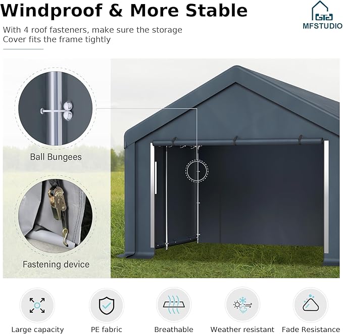 MFSTUDIO Outdoor Carport 13x24 ft, Portable Storage Sheds Shelter Garages Heavy Duty Canopy with Rolled up Zipper Doors and Sidewalls, Outside Utility Shed Garage Car Tent for Boat Truck and Tools