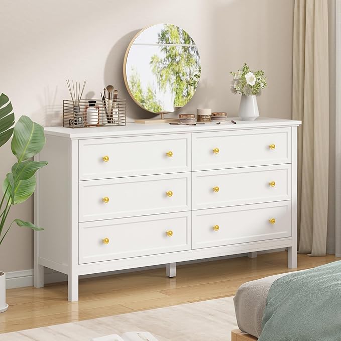 CARPETNAL White Dresser for Bedroom, 55 Inch 6 Drawer Dresser with Wide Drawer and Gold Handles, Woode Dressers & Chests of Drawers for Hallway, Entryway.