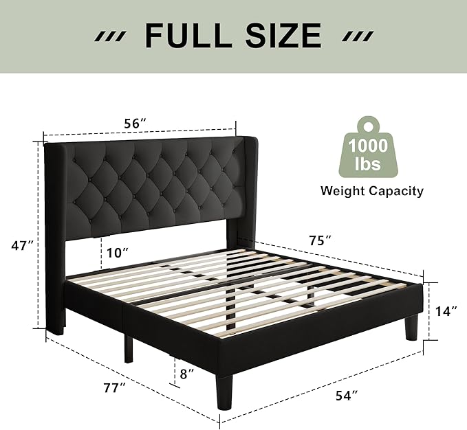 Feonase Full Size Bed Frame with Upholstered Wingback Headboard,Button Tufted Platform Bed and Heavy Duty Wooden Slats Support,Easy Assembly, Noise-Free,No Box Spring Needed, Black