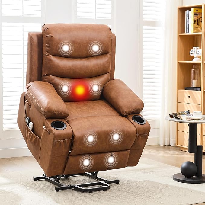 Power Lift Recliner PU Chair for Elderly, with Massage & Heat, Big and Tall Living Room or RV Single Sofa for Adults, 135° Reclining Accent Chairs, 2 Cup Holders and Side Pockets (Brown Leather)