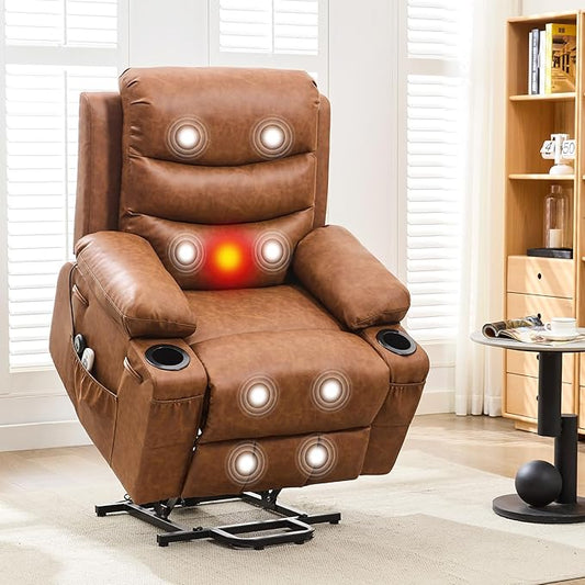 Power Lift Recliner PU Chair for Elderly, with Massage & Heat, Big and Tall Living Room or RV Single Sofa for Adults, 135° Reclining Accent Chairs, 2 Cup Holders and Side Pockets (Brown Leather)