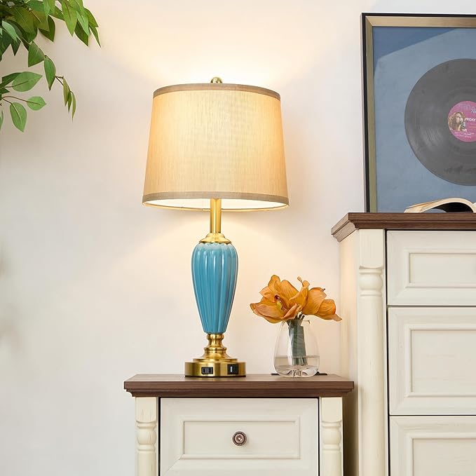 Living Room Table Lamp, 25.5" Touch Lamp for Nightstand with USB A+C Ports, Modern Farmhouse Table Lamps for Bedroom, Bulb Included