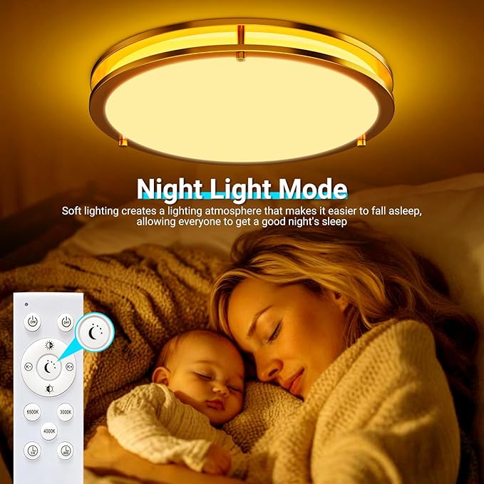 libtit 13 Inch LED Ceiling Lights with Remote for Bedroom Kitchen, 24W 2400lm Super Bright & Dimmable Flush Mount Light Fixtures, 2700K-6500K Adjustable Modern Lamps with Timer, Gold