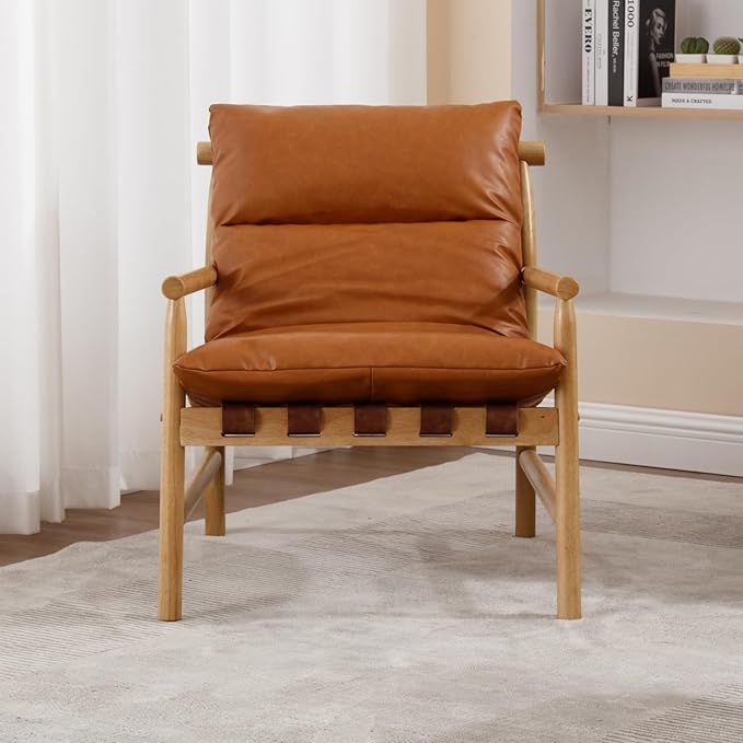 Modern Faux Leather Accent Chair, Solid Wood Lounge Chair with Removable Cushion, Low Back Reading Chair for Living Room/Bedroom/Balcony, Brown Sofa Armchair (Easy Assembly)