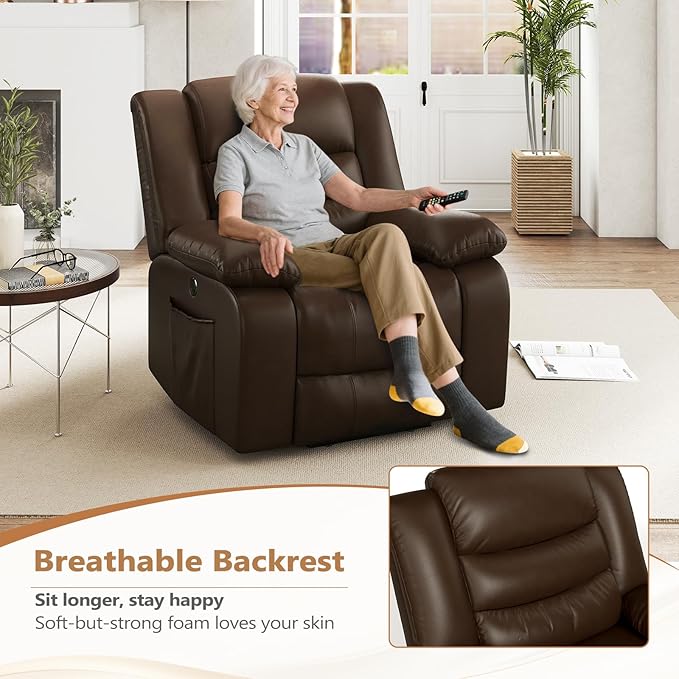 ANJ Power Lift Recliner Chair with Massage and Heat, PU Leather Overstuffed Electric Lift Chair for Elderly, Oversized Single Sofa Recliner with Side Pockets, Remote Control(Brown)