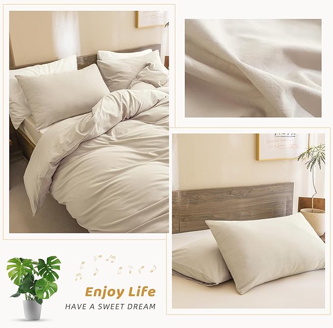 Sanracie Cotton Comforter King Size,Solid Color Bedding Comforter Set Linen Feel Textured 3 Pieces(1 Wheat Bed Comforter + 2 Pillowcases) Soft Lightweight Neutral King Bedding All Season