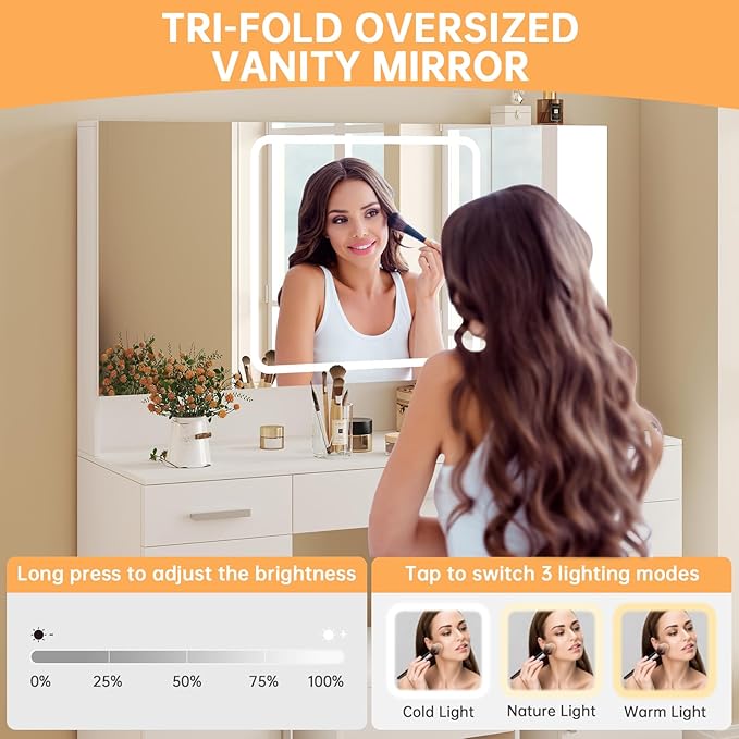 Vanity with Mirror and Lights, Vanity Tables with 7 Drawers, 3 Colors Lighting Makeup Vanity with Tri-Folding Mirror and Cushioned Stool, Big Vanities Perfect for Bedroom, White