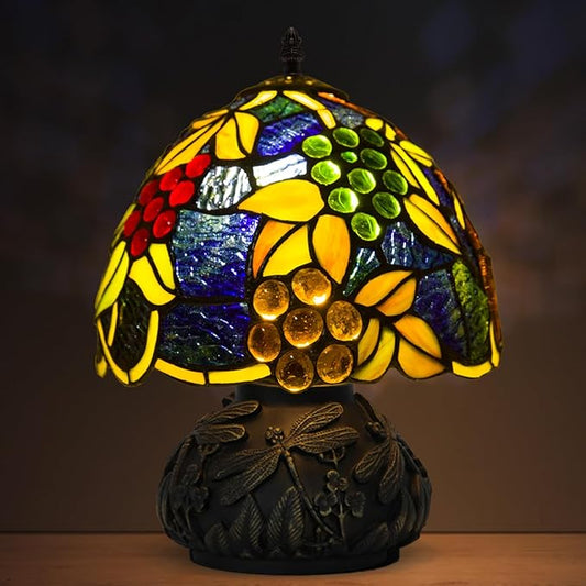 Small Tiffany Stained Glass Lamp, 3 Color Temperatures Bedside Lamp, 8 Inch Mushroom Desk Light for Bedroom Living Room Office Home Decor (Yellow Leaf Grapes)