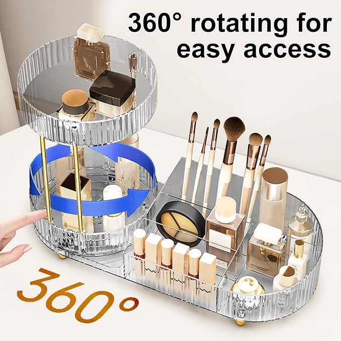 DASITON 360° Rotating Makeup Organizer for Vanity, 2 Tier Perfume Cosmetic Skincare Organizers with Makeup Brush Holder, Large Capacity Cosmetic Display Case for Bedroom Bathroom Countertop (Clear)