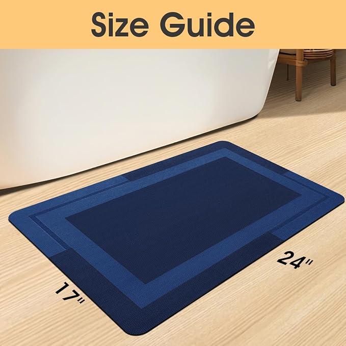 Ultra Thin Bath Mats Fit Under Door, Upgrade Backing Non Slip Bath Mat, Quick Dry Ultra Absorbent Bath Mat, Machine Washable Bathroom Rugs for Bathroom Floor, Bathtub, Kitchen, Dark Blue, 24"x17"