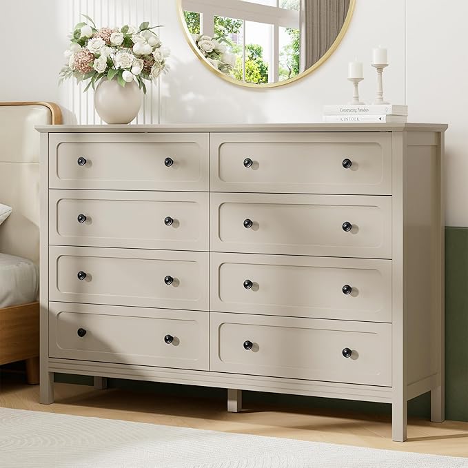Dresser for Bedroom, 8 Drawer Dresser with Metal Handles, 55" Wide Modern Dressers & Chest of Drawers for Living Room, Hallway, Entryway, Beige