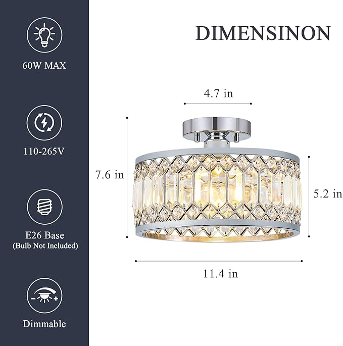 Crystal Chrome Ceiling Light, Modern Semi Flush Mount Ceiling Lighting Fixture, Round Hallway Lighting Fixtures for Entryway Kitchen Bedroom Laundry Room, 1-Light, 11.4 Inch