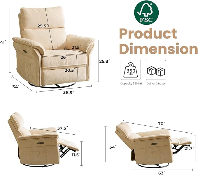 Oversized Power Recliner Chairs for Adults with Massage and Heat, Power Swivel Rocker Recliner Chair with Adjustable Headrest, 26" Extra Wide Rocker Nursery Recliner with USB Port, Beige