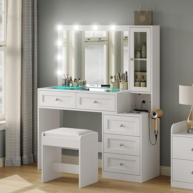 White 43" W Vanity Desk with Mirror & 11 Lights, 3 Drawer & 2 RGB Drawer Modern Makeup Desk with Glass top & Cushioned Stool, 3 Lighting Modes Brightness Adjustable,Power Outlet,Bedroom