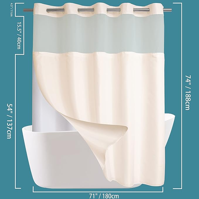 Conbo Mio No Hook Shower Curtain with Snap in Liner Set, Hotel Luxury Beige Fabric Shower Curtains for Bathroom with See Through Top Window, Washable, Waterproof 71W x 74H
