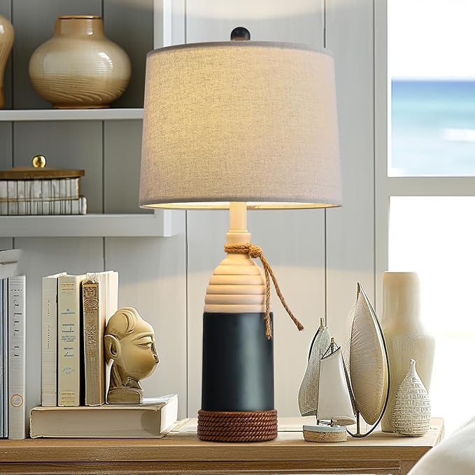 OYEARS 23.75" Table Lamp for Bedroom, Bedside Table Lamp for Living Room, Farmhouse Lamp for Nightstand, Modern Coastal Nautical Lamp Decor, Ocean Beach Style, Navy Blue