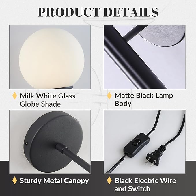 KCO Lighting Plug in Wall Sconce Light Black Vintage Industrial Wall Light White Glass Shade Bedside Wall Lamp for Bedroom Stairs Hallway(Black Plug in)