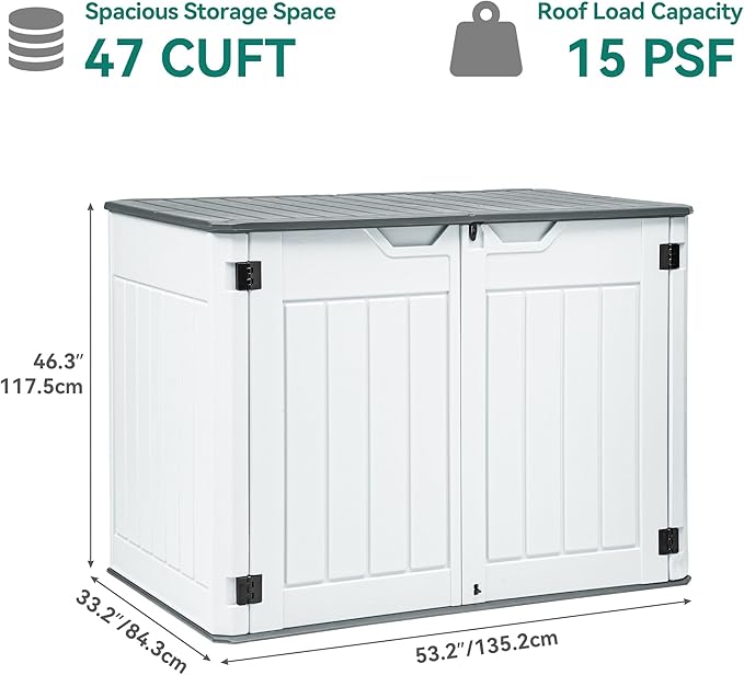 YITAHOME Large Outdoor Horizontal Storage Shed, 47 cu ft Resin Tool Shed w/o Shelf, Outdoor Waterproof Storage with Floor for Trash Cans, Garden Tools, Lawn Mower, Lockable, 4.5x2.8x3.9 ft, Light Gray