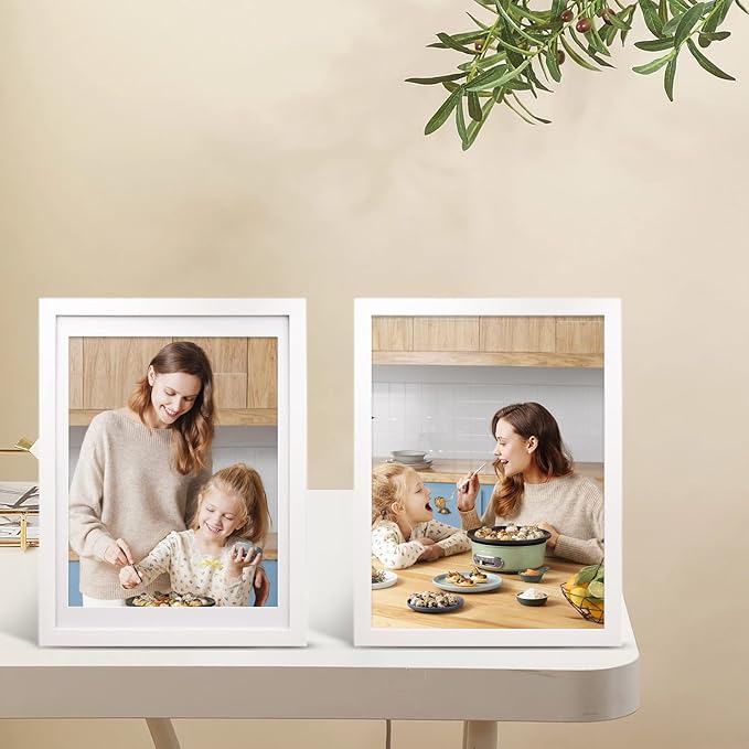 Egofine 12x16 Picture Frame White Covered by Plexiglass Made of Solid Wood, Display Pictures 9x12 and 11x14 with Mat or 12x16 Without Mat for Wall Mounting
