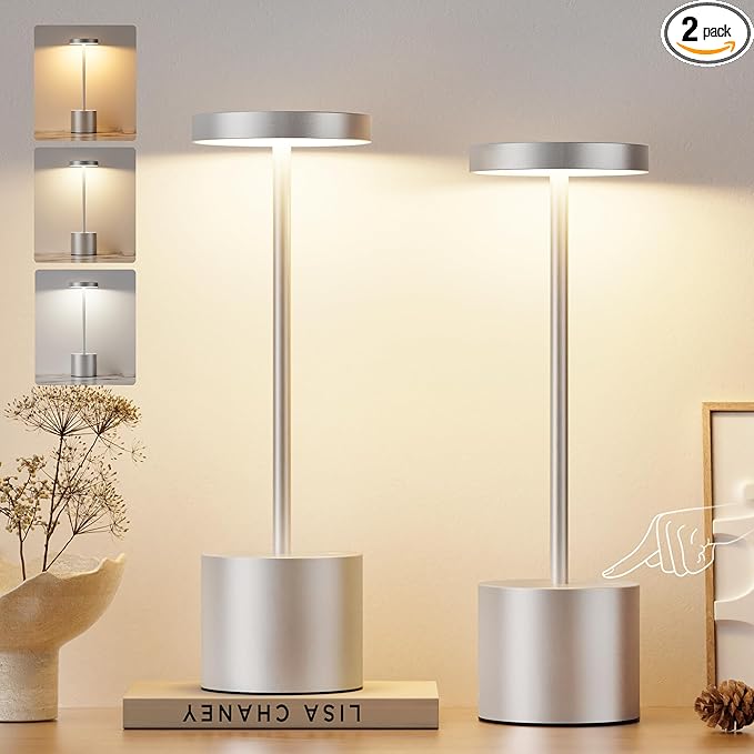 Kakanuo Silver Gray Cordless Lamp Set, Rechargeable Lamp, 3 Color Temperature, LED Outdoor Wireless Lamps, Battery Operated Lamps, Stepless Dimmable, Touch Control