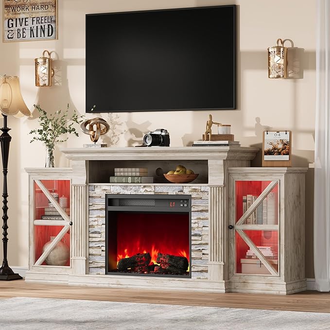 QUW Electric Fireplace TV Stand, 70" Farmhouse Entertainment Center with Open Shelf and Glass Barn Door Cabniet, Modern TV Console Table with 7 Flame Colors for Living Room, Antique Brush Grey