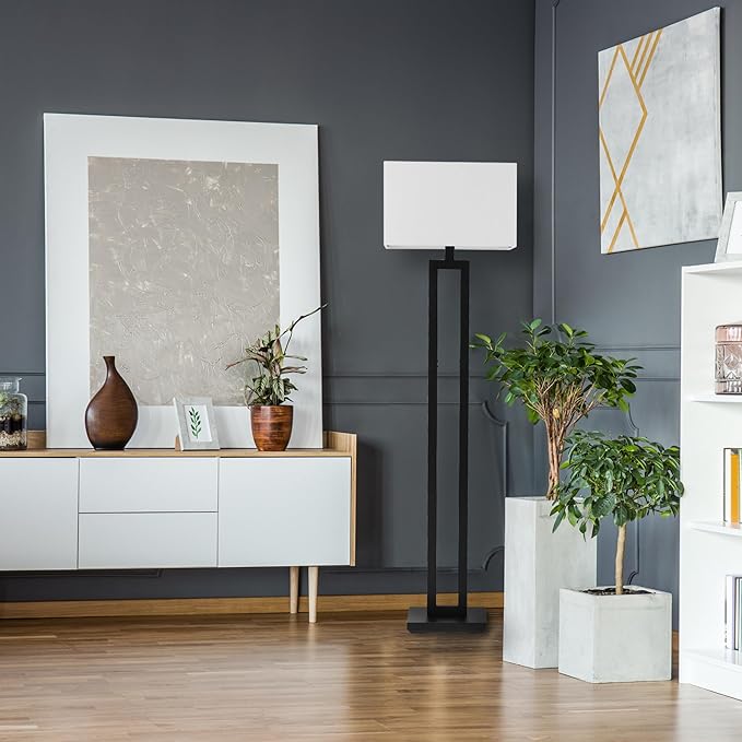 GLOBE Electric 67046 58" Floor Lamp, Matte Black Finish, White Linen Rectangular Shade, Modern Geometric Cutout Design, E26 Base
