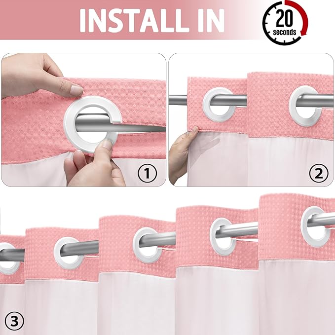 YellyHommy No Hook Shower Curtain with Snap in Liner Set Less Time Pink Waffle Shower Curtain for Bathroom 75" L x 72" W Pink