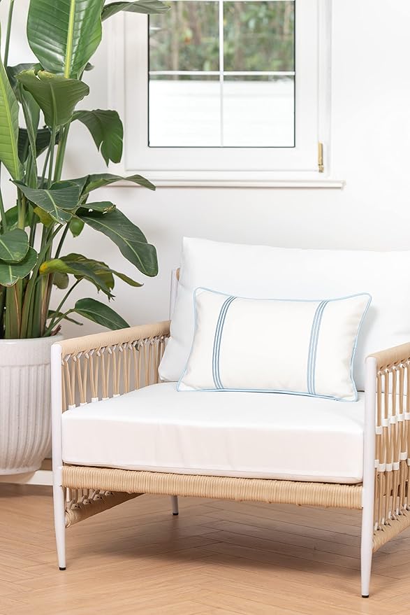 Hofdeco Premium Coastal Hampton Style Patio Indoor Outdoor Lumbar Pillow Cover Only, 12"x20" Water Resistant for Backyard, Couch, Baby Blue Embroidered Vertical Line