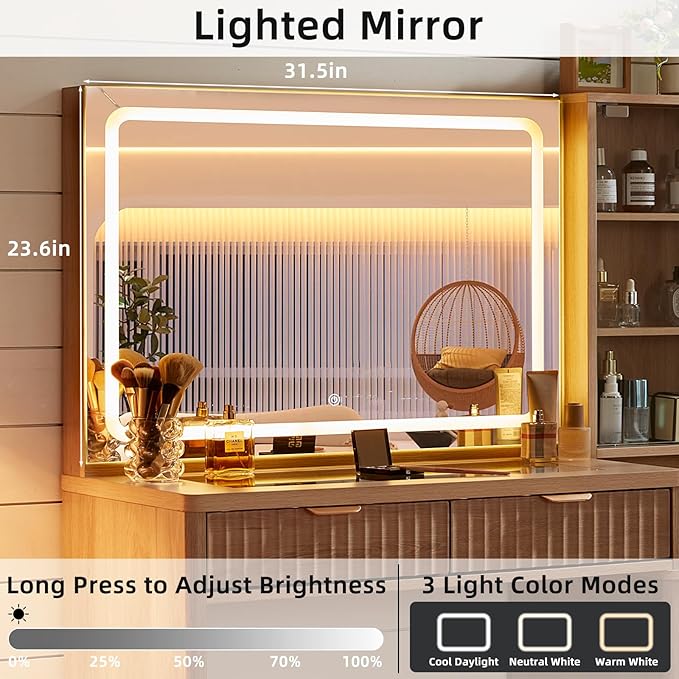 LEYAOYAO Vanity Desk with Mirror and Lights, 43.5'' Fluted Makeup Vanity with 6 Drawers and Adjustable Shelves, Glass Top Make Up Vanity, Girls Wood Dressing Table with Power Outlet for Bedroom