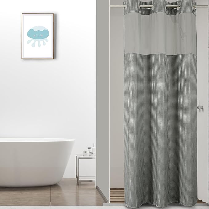 Colorful Star Small Stall Waffle Weave Shower Curtains, 256GSM Heavy Duty Shower Curtain with Snap in Fabric Liner, Hotel Style No Hook Waterproof Bathroom Curtain Set, 36 x 75 Inch, Grey