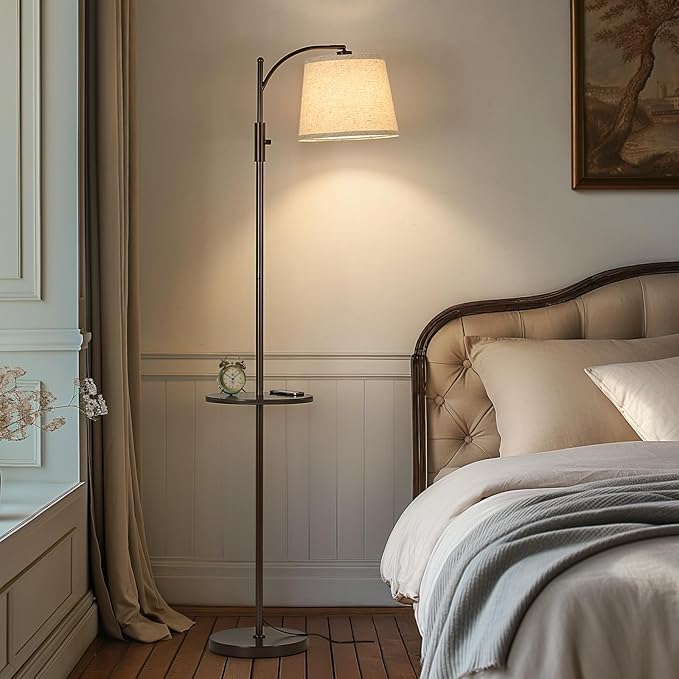 AIDENOEY Fully Dimmable Floor Lamp for Living Room，Standing Lamp Rotary Switch with Table&Linen Beige Shade，Brown Tall Lamps for Bedroom with Adjust Head，9W LED Bulb Included