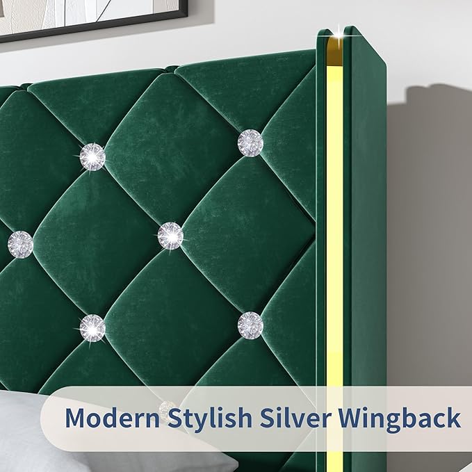HOMBCK Full Bed Frame with Headboard, Velvet Upholstered Bed with Diamond Tufted Design, Mordern Bed Frame with Wingback and Wooden Slats Suppor, No Box Spring Required, Easy Assembly, Green