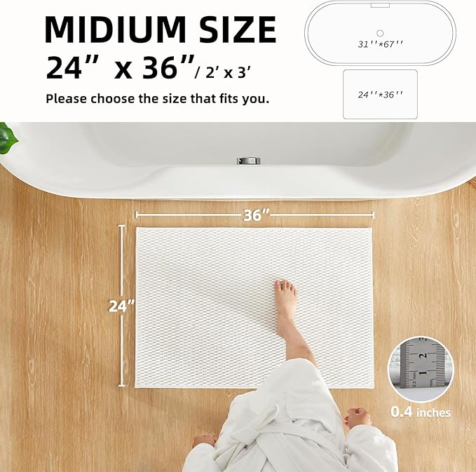 Bathroom Rugs Non Slip Washable, Super Absorbent Thin Bath Mat Quick Dry Low Pile Bathroom Rug, White 24"x36"