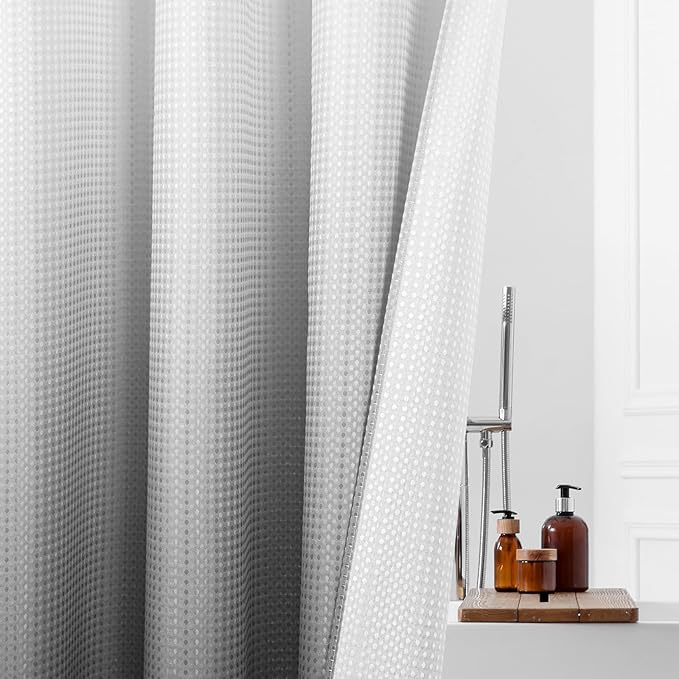 MitoVilla No Hooks Needed Grey Ombre Waffle Shower Curtain with Snap-in Liner, Modern Waffle Weave Heavy Duty Fabric Cloth Shower Curtain for Luxury Neutral Hotel Spa Bathroom Decor, 72 x 74