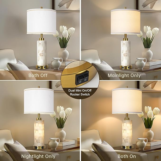 27" Alabaster Lamp,Table Lamps for Living Room Bedroom,Nightstand Lamps Set of 2 with Night Light,Bedroom Lamp with Linen Shade,Gold Table Lamp with USB A+C Ports for Bedside (Bulbs Included)