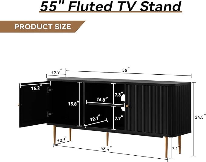 ARTPOWER 55” Fluted TV Stand, Mid Century Modern Black TV Stand for 55/60/65 inch TV, Entertainment Center with Storage, Television Stands, TV Console, Media Console for Living Room, Bedroom (Black)